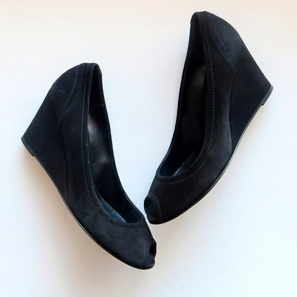J. Crew Black Suede Leather Peep Toe Wedge Heel Sandals / Dress Shoes Size 8 - Picture 13 of 15